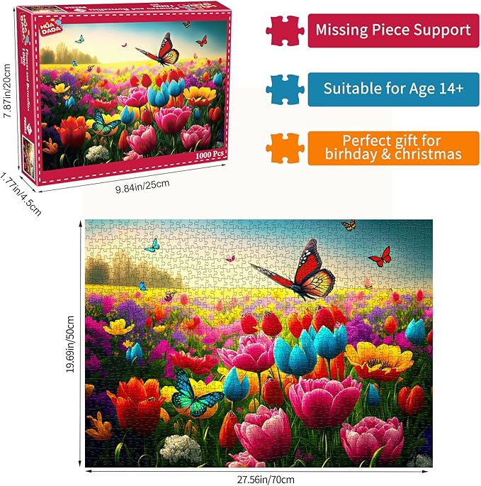 HUADADA Jigsaw Puzzles for Adults 1000 Piece Jigsaw Puzzles for Adults Challenging Game Butterfly Puzzle with Letters on Back（Butterfly and Flower）