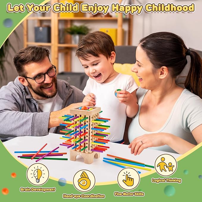 Montessori Game Wooden Board Game, 42 Colorful Wooden Sticks Dice Game Math Educational Toys for 3 4 5 6 Years Old, Fine Motor Skills Toys & Counting Toy Family Game Travel Toys Gifts for Kids