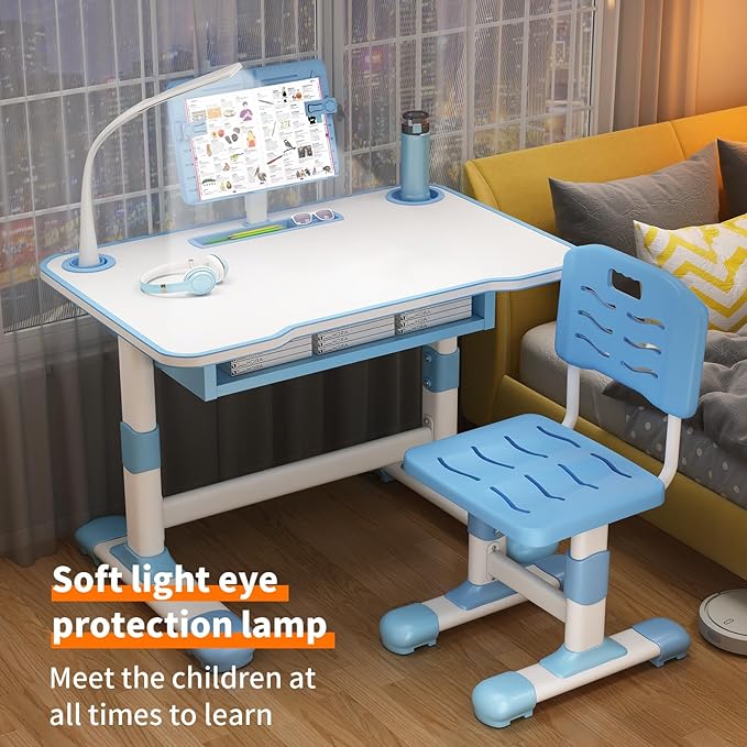 2025 NEW Kid's Study Desk and Chair Set, Ergonomic Height Adjustable Children Study Desk with Tilt Desktop, Book Stand, Light, Metal Hook and Storage Drawer,Gift for Boys Girls (Blue 70cm light)