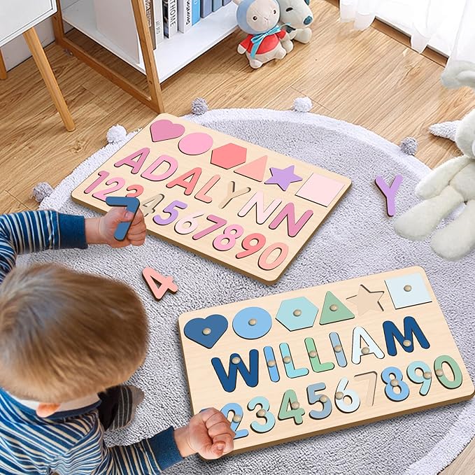 Name Puzzle for Kids Personalized, 1st Birthday Girl and Boy,Custom Baby Easter Gifts with Engraved Text on Back, Montessori Learning Toys for Boy & Girl (Pink Gradient)