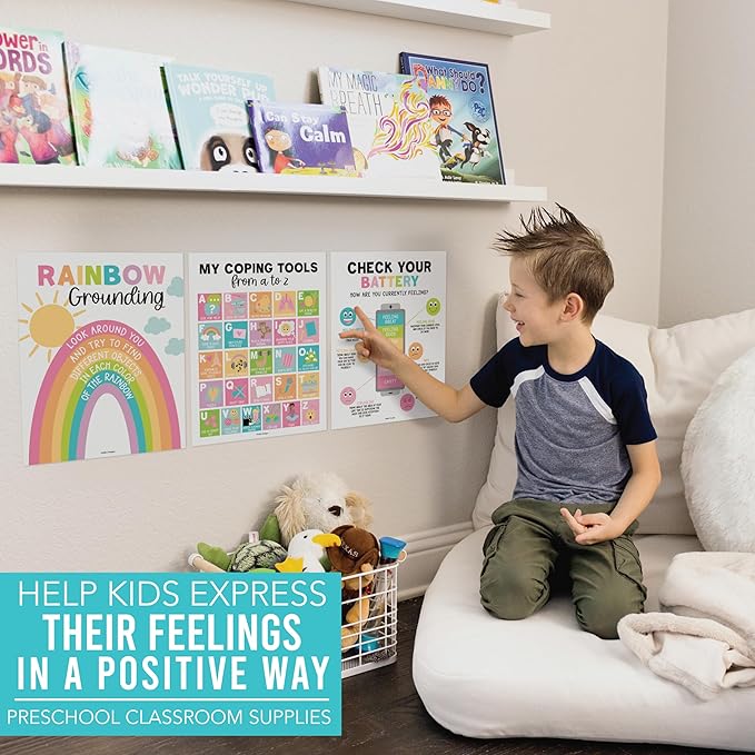 Hadley Designs 9 Calming Corner Posters For Classroom Must Haves For Teachers - 11x14 Calm Down Corner Supplies, Feelings Chart For Kids Ages 4-8, Feelings Wheel Poster, Pastel Classroom Decor