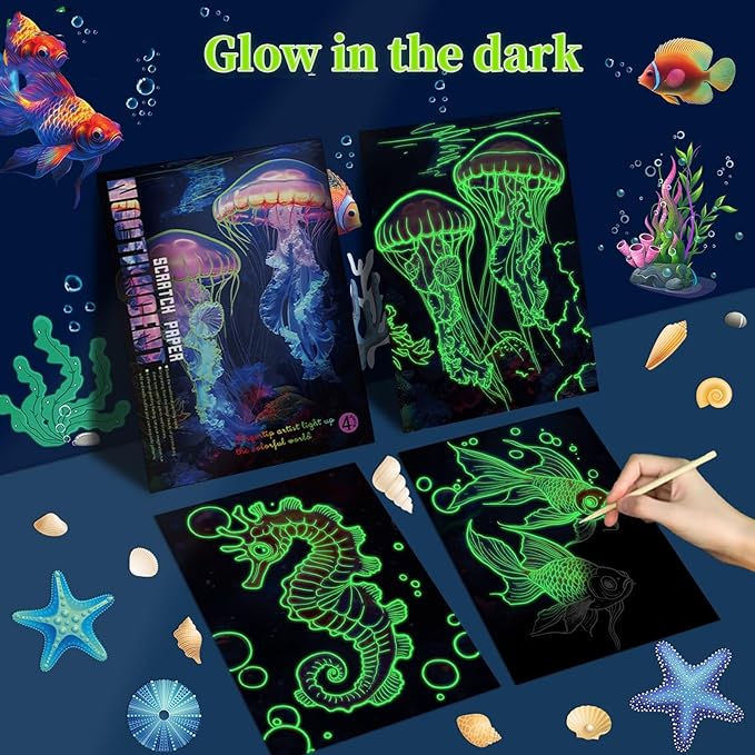 Georgie Porgy Scratch Paper Art Set for Kids Adults Magic Rainbow Scratchboards for DIY Arts and Crafts Kits Christmas Birthday Gift with Scratching Tools Kit (A4-Noctilucent Whale + Sea World)