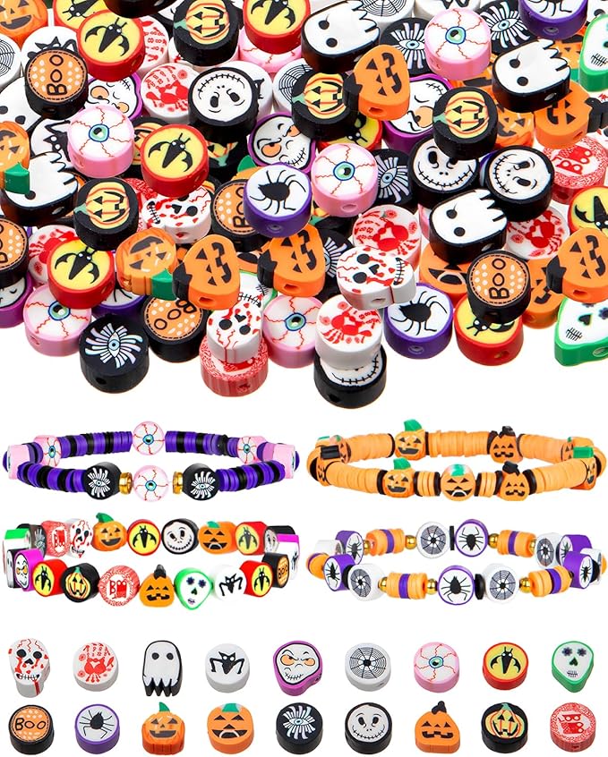 Taybonds Halloween Polymer Clay Beads 108pcs Spooky Designs Ghost Pumpkin Spider Polymer Clay Beads for Women Jewelry Making DIY Charms Bracelet Necklace