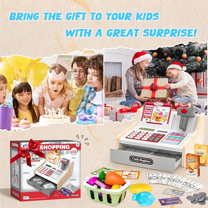 Rechargeable Wooden Kids Cash Register with Scanner, Pretend Play Cash Register Toy with Fake Money, Food, Credit Card, Toddler Boys Girls Age 2-4 4-8