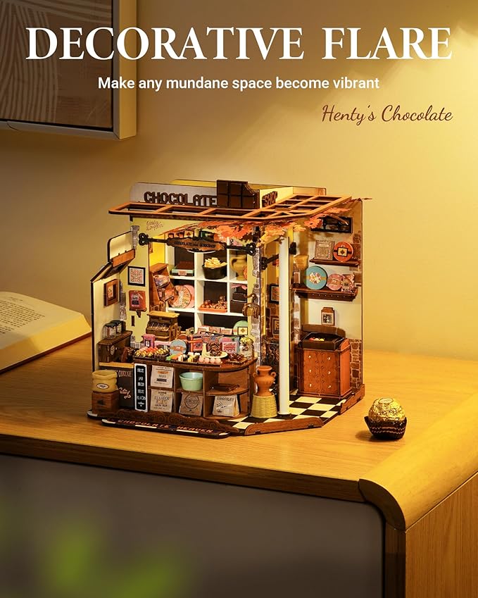 ROBOTIME DIY Miniature House Kit, Tiny House Building Kits，Mini Wooden Furniture Kit for Adults, Dollhouse for Birthday Christmas Craft Hobbies Gift（Henry's Chocolate）