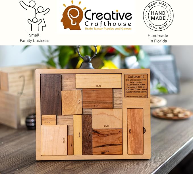 Creative Crafthouse Calibron 12 - Impossible 12 Piece Wooden Brain Teaser for Adults - Very Difficult Wood Puzzle - Made in USA