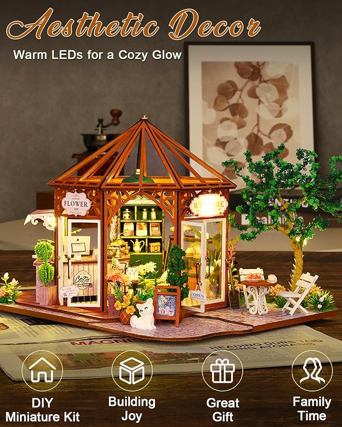 Miniature House Kit – Siti Mocha, DIY Dollhouse for Adults with Furniture & LED, Tiny House Wooden Craft Gift for Teens Families Friends