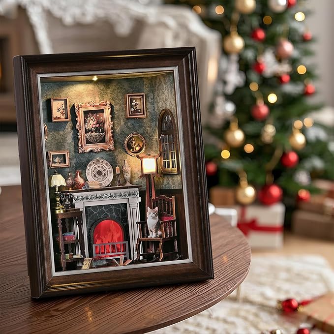 Book Nook Kit - 3D Wooden Puzzle with LED Switch Control & Wall-Mountable Frame，DIY Miniature House for Beginners，Bookshelf/Tabletop/Wall Decor for Craft Lovers，Dollhouse Gift,Fireplace