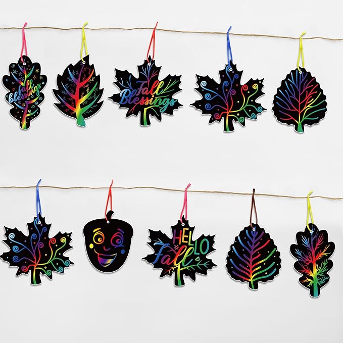 90shine 60 Sets Fall Crafts for Kids Black Scratch Autumn Leaves Magic Craft Art Kit Thanksgiving Classroom Preschool Activities Party Favors