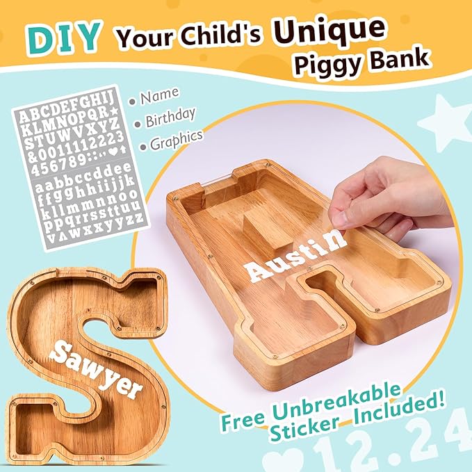 SummiDate Wooden Letter Piggy Bank| Piggy Bank for Boys Girls Toddler| Alphabet S Money Bank| Coin Bank Birthday Gift for Kids|Birthday Gift for Kids (S)
