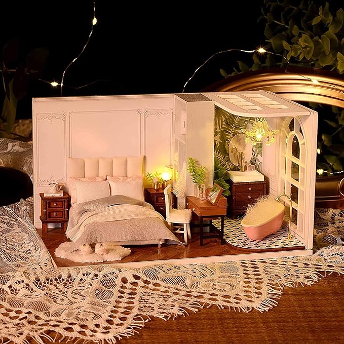 CUTEROOM DIY Doll Room Miniature Furniture Wooden House Kit - Wooden Dolls House Kit with Dust Cover & LED Light and Accessories - QT Series Dollhouse (QT011)