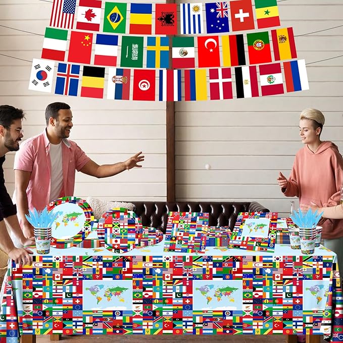 International World Flags Tableware Set, 142Pcs International Flags Decorations Plates and Napkins, Cups,Banner,Flags Tablecloth for Travel Trip Around the Globe Retirement Party