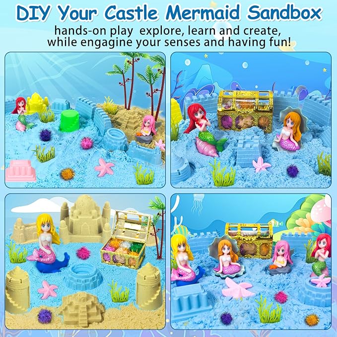 Mermaid Sensory Bin Sandbox Toys for Toddlers Girls Kids- Mermaid Toys for Kids Play Sand Kit Sensory Bin Toy with 2.2 lbs Sand & Castle Mold,Great Christmas Birthday Gift for Girl Boys