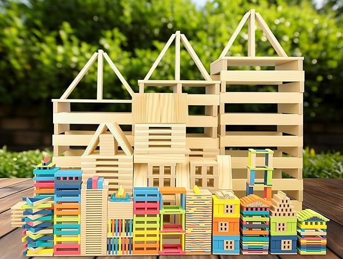 42pcs Large Open Ended Wooden Building Blocks for Kids 19.8 lb, Natural Pine Rectangular Wood Building Toys，Construction Toys for Toddlers, STEM Building Set,Birthday Gift for Ages 3-12 (Medium 9.8")