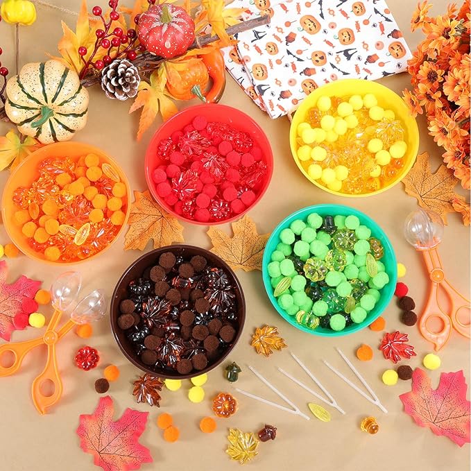 344 Pcs Fall Sensory Bin Filler Fine Motor Toys Counting Sorting Sensory Bins Pom Poms Pumpkins Acorns Maple Leaves Corn Sorting Cups Tweezers Clips Storage Bags for Fall Festival Games