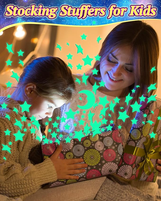 201 Pcs Glow in The Dark Stars Stickers for Ceiling, Toddler Stocking Stuffers Wall Room Decor Gifts, Luminous 3D Glowing Stars Easter Basket Stuffers for Kids Boys Girls - Green