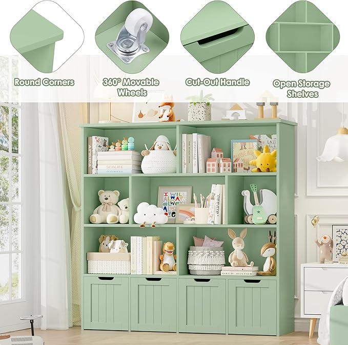 FINETONES Toy Storage Organizer, Kids Bookshelf with 4 Movable Chests and 7 Storage Cubes, Toy Chest Storage with Hidden Wheels, Toy Organizers and Toy Storage, Green