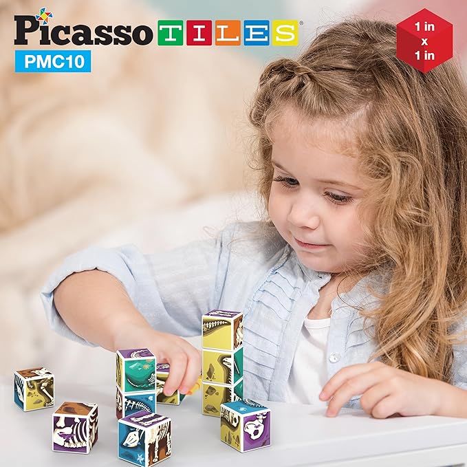 PicassoTiles Magnetic Cube Puzzle 7-in-1 Dinosaur Theme Pattern Magnet Mix Match Building Cubes Toy Set Kids Ages 3 & Up Preschool Children Promote Problem Solving Skills PMC10