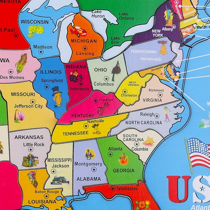 Wondertoys 46 Pieces Wooden USA Map Puzzle for Kids US Map Puzzle Educational Geography Puzzles United States Map Puzzle for Boy Girl