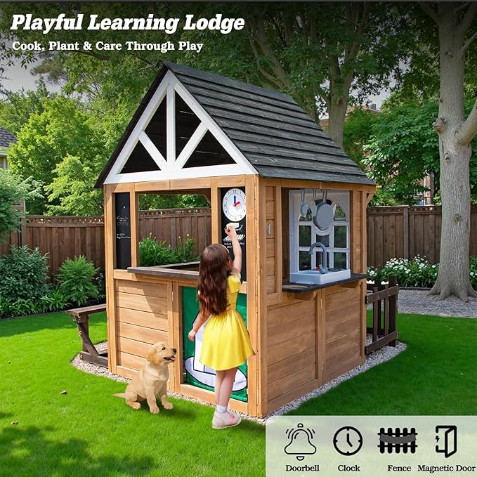 Kids Playhouse Outdoor, Wooden Play House Playset with Kitchen, Fence, Bench, Dog Door, Doorbell & Flower Pot,Fun Backyard Cottage for Ages 3-8 (Green)