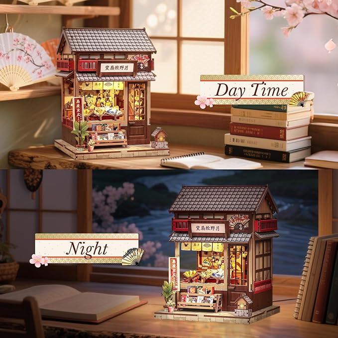 CUTEBEE Book Nook Kit - DIY Miniature House Japanese Fan Shop Dollhouse Kit for Adults and Teens, Booknook Tiny House Bookshelf Decor 3D Wooden Puzzle, Gifts for Family, Friends (Tsukino Eogi-dou)