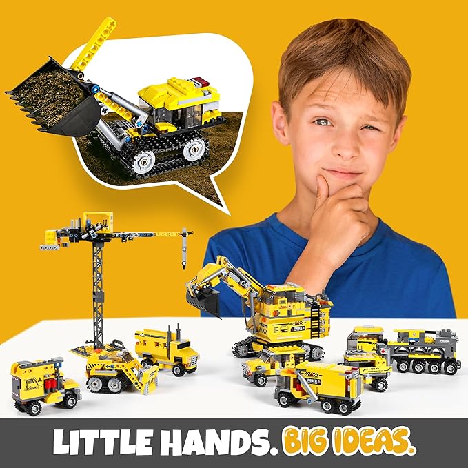 8 in 1 Excavator Toy Building Blocks Kit with Tower Crane, Tractor, Crawler Dozer, Box Dump Truck, Cross Country Vehicle, Command Car, Transport Vehicle – Construction Toys Set for Boys & Girls