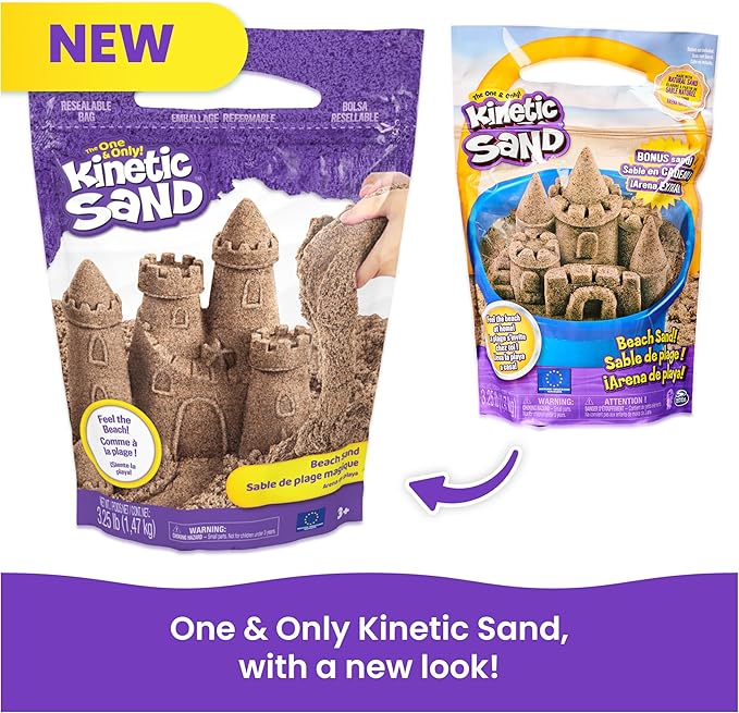Kinetic Sand, 3.25lbs Beach Play Sand, Moldable Sensory Toys for Kids, Resealable Bag (Packaging May Vary), for Ages 3 and up