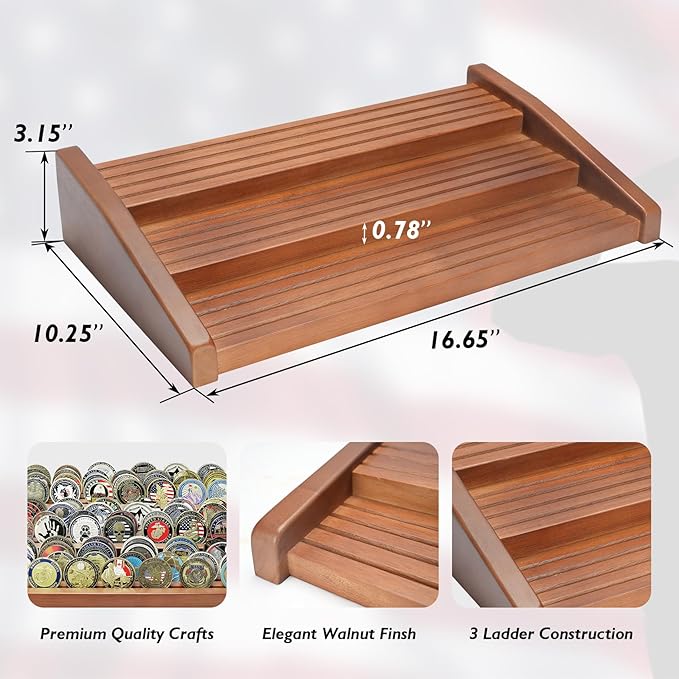 12 Rows Solid Wood Military Challenge Coin Display Stand Holds 90-100 Coins Army Coin Holder Display Police Coin Rack for Countertop, Walnut