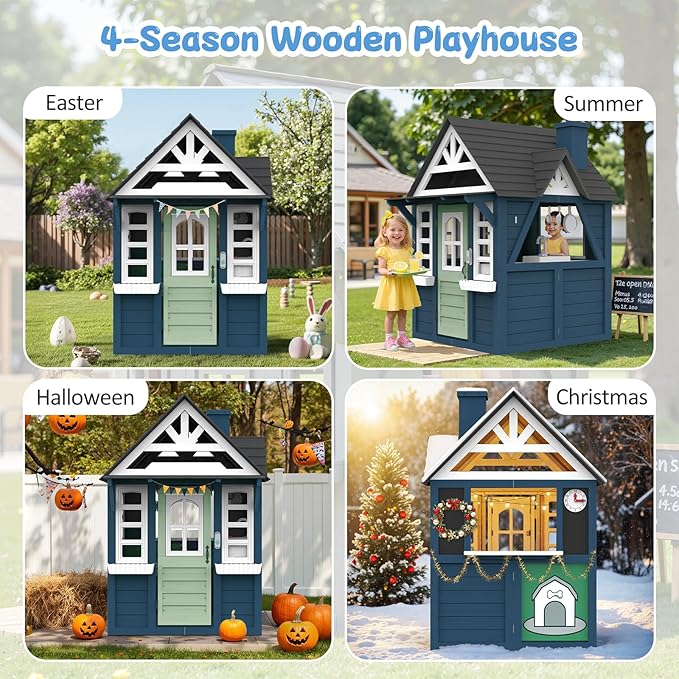 Kids Playhouse Outdoor,Wooden Play House Playset for Kids, Large, Sturdy, Realistic Design with Kitchen, Doorbell, Flower Pot, Stove, Sink & Clock, Perfect for Kid Ages 3-8 (Blue)