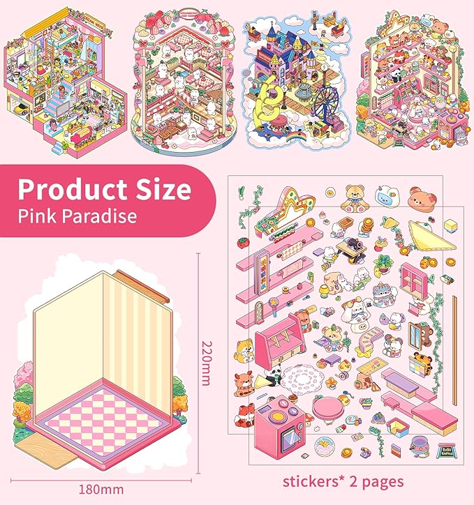 DIY 3D House Stickers, 4 Sets Fun DIY Stickers Scene Make Your Own Mini House Cute Cartoon Animal Scene Stickers for Kids Adult Sticker Art Relief Stress Pass The Time- Large Size