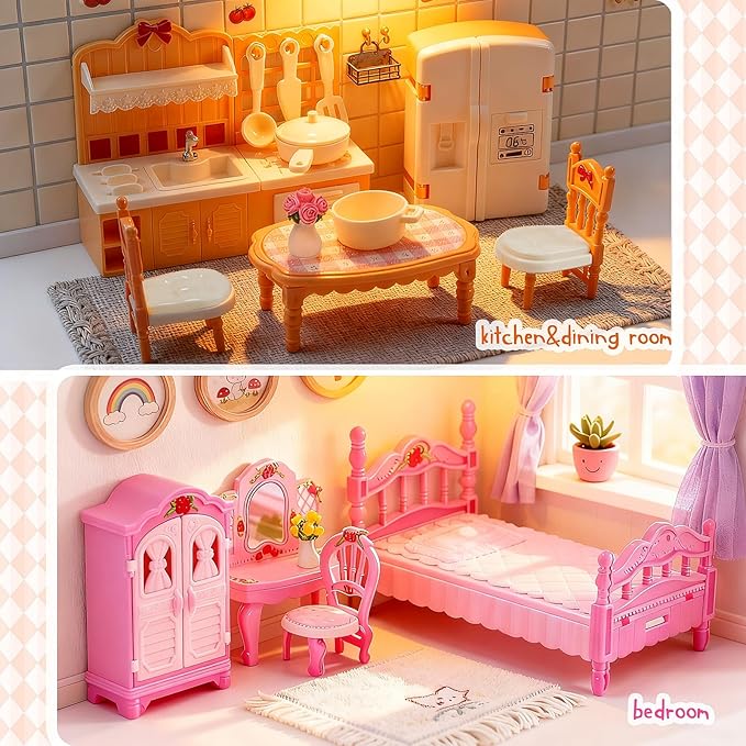 45 Pcs Dollhouse Furniture Set Accessories Pretend Play Bedroom Living Room Bathroom Kitchen Doll House Mini Furniture for Kids Birthday and Christmas 4 Colors