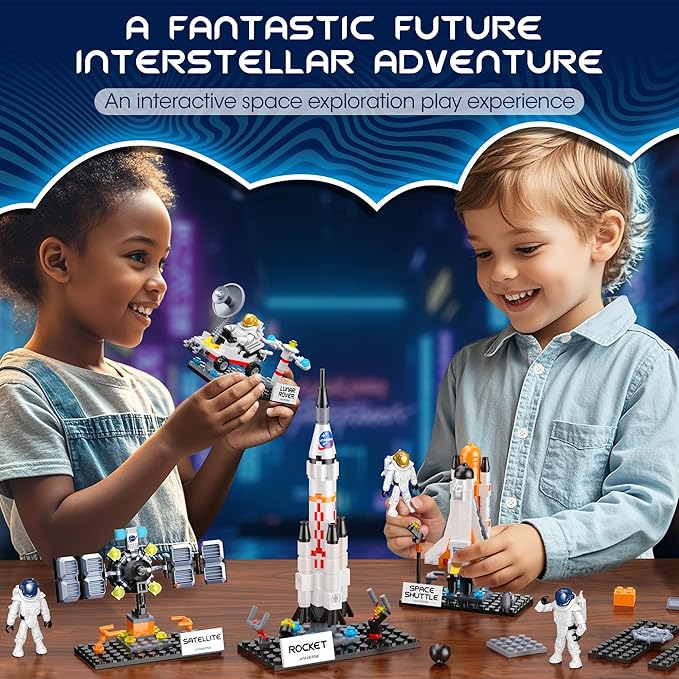 Basket Stuffers Toys for Kids Boys Girls, Interstellar Space Shuttle Toys for 6, 7, 8, 9, 10+ Year Old, Rocket Spaceship Building Toy with 4 Astronauts, Easter Hunt Party Favor Gifts, 415 PCS