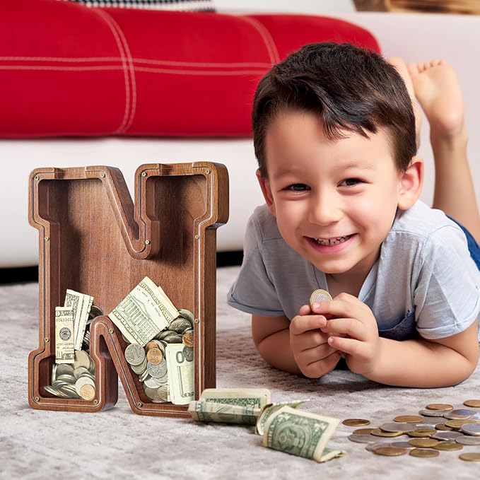 Summidate Customized Name Extra Large Wooden Piggy Bank for Kids Boys Girls Alphabets Letter A-Z Coins Bills Money Change Saving Box Clear Cover (Laser Engraved) Educational Toys 12"- Letter M