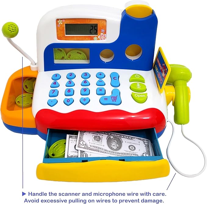 FUNERICA Toy Cash Register - with Large Interactive Coins Great for Toddlers - Scanner, Microphone, Calculator. Includes Grocery Food, Cuttable Fruit, Pretend Play Money - for Toddlers and Kids