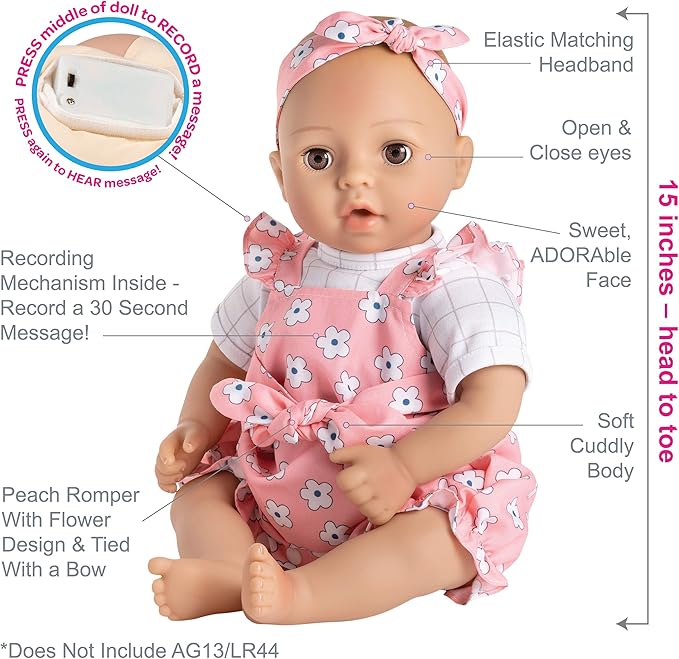 ADORA Wrapped in Love Babies, 6-Piece Set Baby Doll with Voice Recorder Feature, Includes, Removable Outfit, Headband, Romper, Pacifier and Diaper, Birthday Gift for Ages 3+ - Darling
