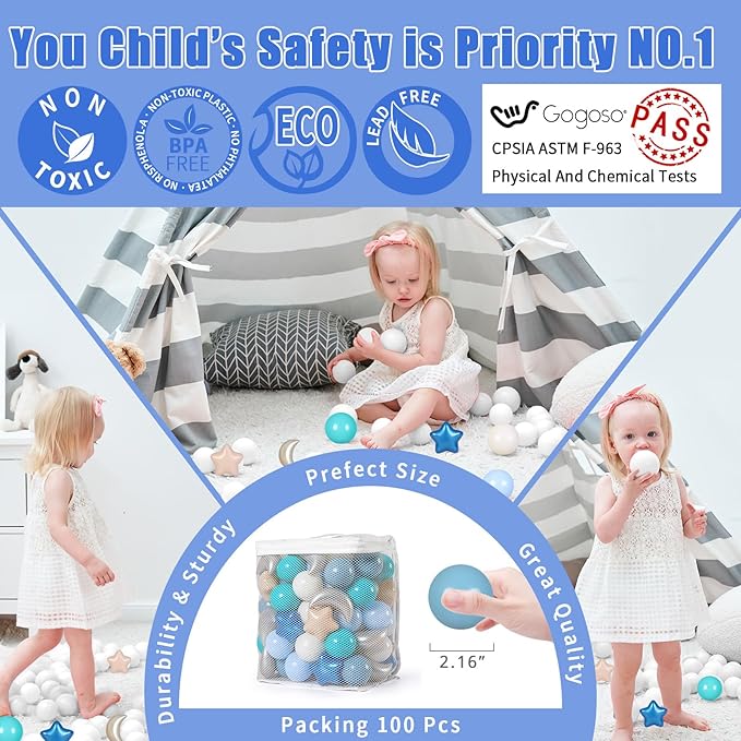 GOGOSO Ball Pit Balls Stars Moon Shapes Plastic Pitballs for Toddler Play Tent Baby Photo Props Kids Pool Water Toys Kiddie Pool Party Decor, Pearl Gray+Blue+Green,100PCS