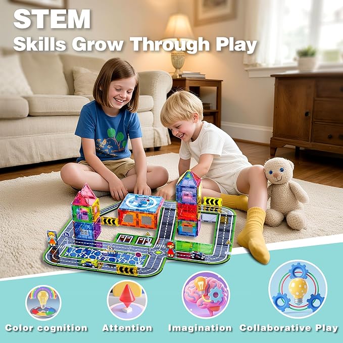 121PCS Magnetic Tiles Road Set with Pullback Cars. Magnet Tiles for Building Construction Toys with Ship, Airplane, Traffic Sign, STEM Magnetic Tiles for Kids Ages 4-8, Educational Gifts for Ages 3+