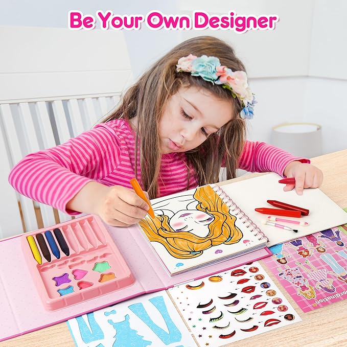 Mocoosy Makeup Craft Kit for Girls Ages 6-8, Pretend Makeup Coloring Activity Book with Stickers, Mess-Free Dress-Up Art and Crafts, Travel Game Road Trip Toy Birthday Gift for 4 7 9 10 12 Years Old