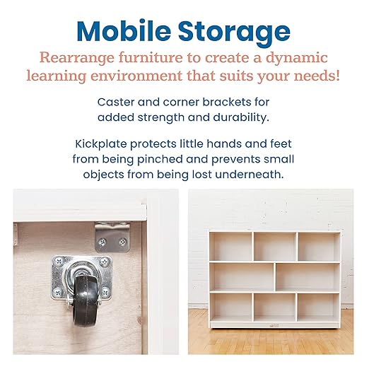 ECR4Kids 8-Compartment Mobile Storage Cabinet, 36in, Classroom Furniture, White Wash