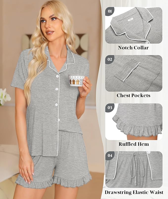 SWOMOG Womens Button Down Pajamas Set Short Sleeve Sleepwear Bride Soft Pj Lounge Sets XS-3XL