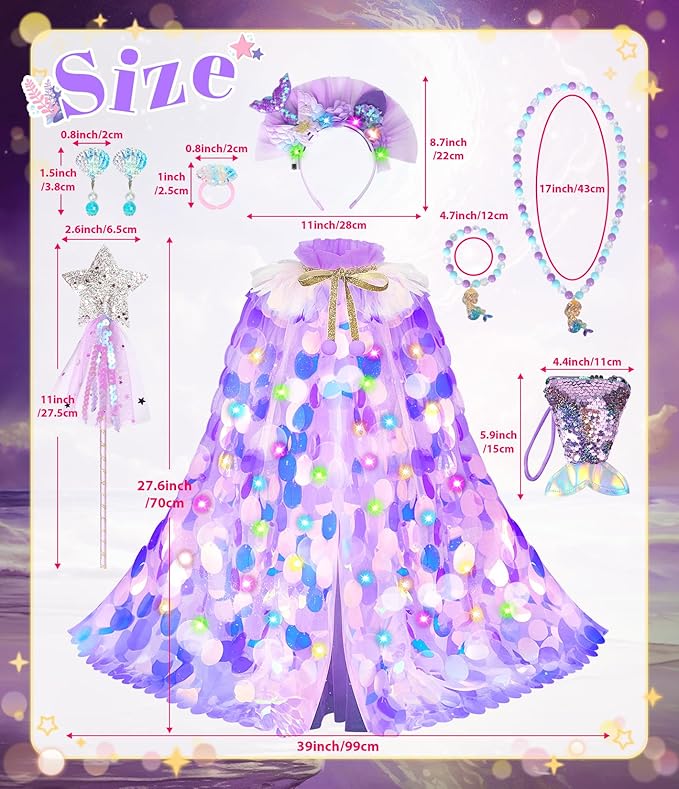 Princess Dress Up Toys Princess Dress Up Clothes Rainbow Mermaid Cape Kit 9 Pcs Gift Set for Little Girls 3-8 Years