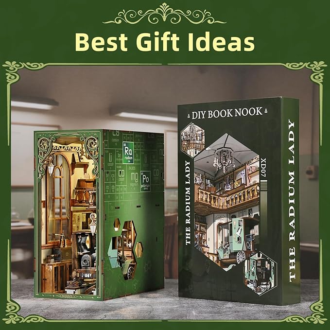 DIY Book Nook Kit, 3D Puzzles for Adults, Miniature Dollhouse Booknook Kit with LED Light, Gifts for Book Lovers (The Radium Lady)