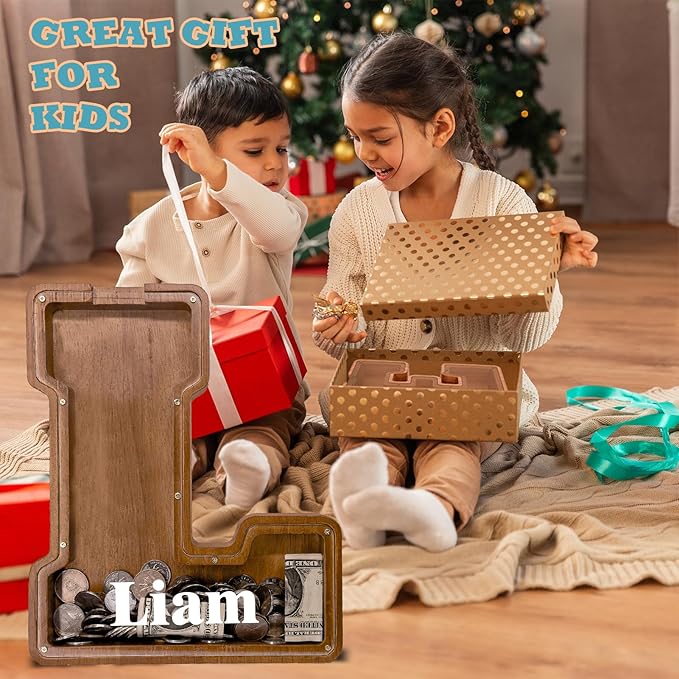 Wooden Letter Piggy Bank for Kids Larger Letter Piggy Bank for Boys and Girls Personalized Piggy Bank Initial Coin Bank Wood Kids Money Bank for Birthday and Festival
