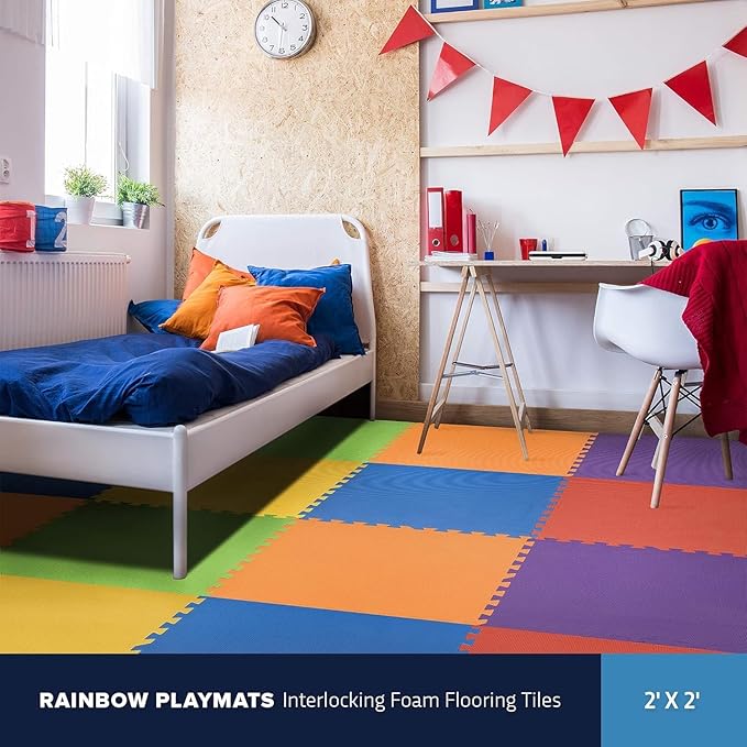 FlooringInc's Rainbow & Natural Harmony Playmat - Kid Safe Foam Floor Tiles with Removable Edges - 2'x2', 1/2" Thick (Rainbow, 6 Tile Pack)