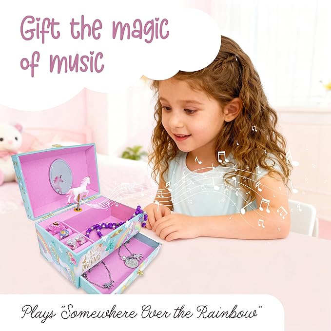 The Memory Building Company Unicorn Musical Jewelry Box, Classic Melody Storage Organizer Kids Ages 6-12, Wood Construction w/ 2 Compartments