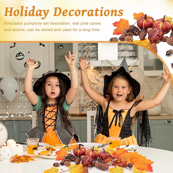 30 Pcs Artificial Pumpkins Set Fall Decorations with Maple Leaves Pine Cones Acorns Berries Assorted Fake Pumpkin for Thanksgiving Halloween Autumn Harvest Home Table Decor