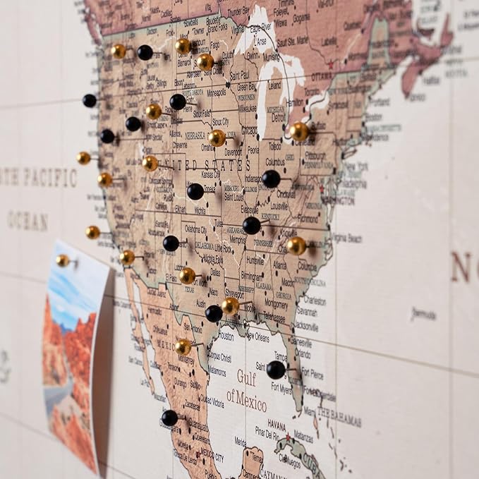 Canvas World Map with Cork Pin Board - English Lettering - Decorative Wall Decoration for All Rooms - Canvas Pictures with World Map Motif (120x80 cm, Pattern 16)