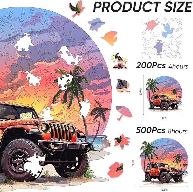 Wooden Jigsaw Puzzles-Seaside Car,500pcs,16.5x16.5in,Royal,Wooden Puzzles for Adults,Unique Shape Animal Adult Puzzles,Irregular Wood Puzzles Best Gift for Adults and Kids Family Gam