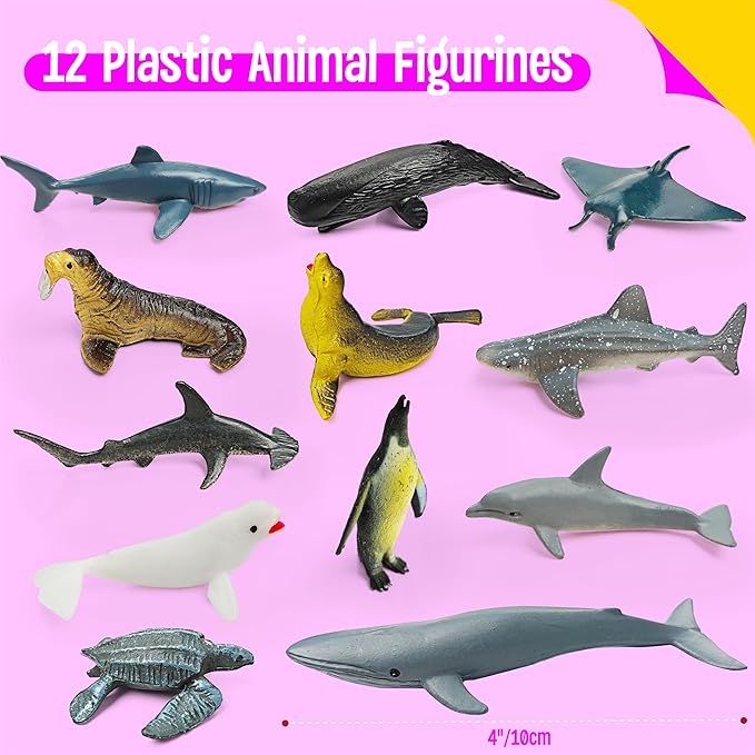 SpriteGru 12 Marine Animal Figurines for Kids, Plastic Animal Toys Tiny Portable Sea Creature Figures Playset Montessori Toy Educational Game for Homeschool Preschool Toddler Kids
