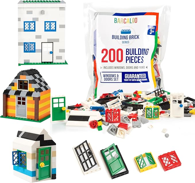 Barcaloo 200 Piece Windows, Doors, and Roof Tops Building Bricks Play Set, 7 Classic Colors, Includes Windows, Doors, and Roof Pieces, Classic Colors